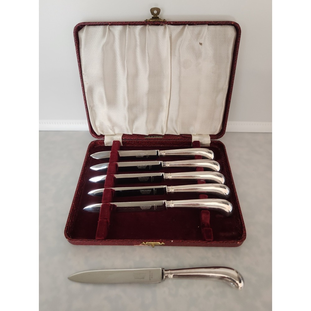 Cheltenham Sheffield England Silverware, Set 6 Knives Knife w/ Box Pistol Handle